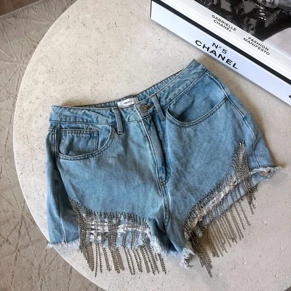 Forever 21 Distressed Rhinestone Fringe Jean Shorts 27 festival cowgirl rodeo - Picture 3 of 8